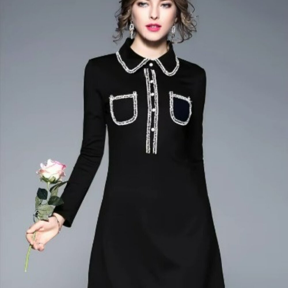 Sonja Morgan Black‎ Collared Long Sleeve Mini Dress Beaded Trim, Size Large NWT